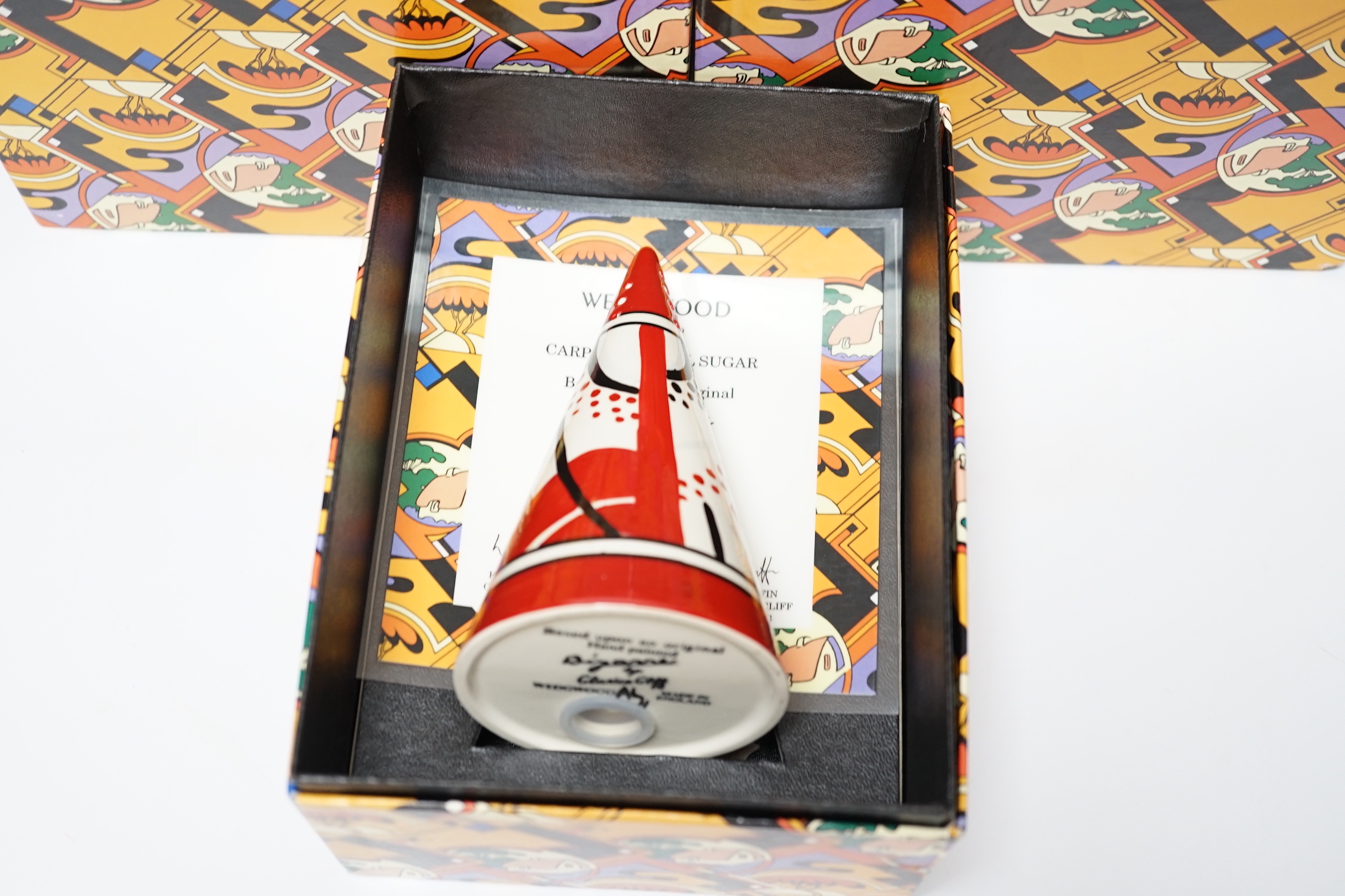 Two Wedgwood Clarice Cliff limited edition May Avenue trios together with a carpet conical sugar, each with boxes and certificates